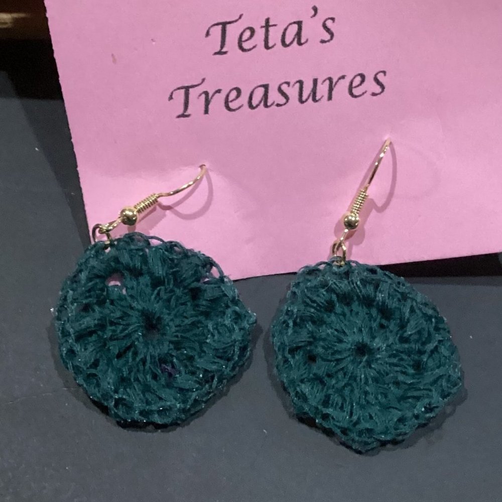 Earrings Hunter Green Starburst Circle Crocheted Crochet Hand Crafted